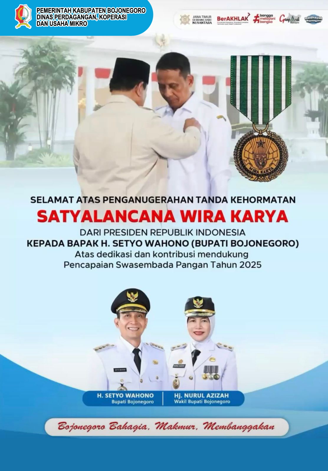 Bupati Bojonegoro Terima Penghargaan Satya Lencana Wirakarya Dari Presiden Republik Indonesia